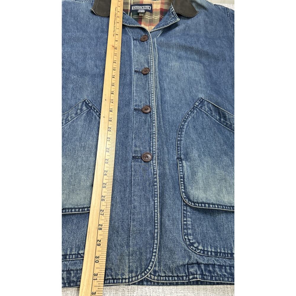 Vintage Lands End Denim Chore Barn Coat Womens XL Leather Collar Jacket Lined - Picture 8 of 10